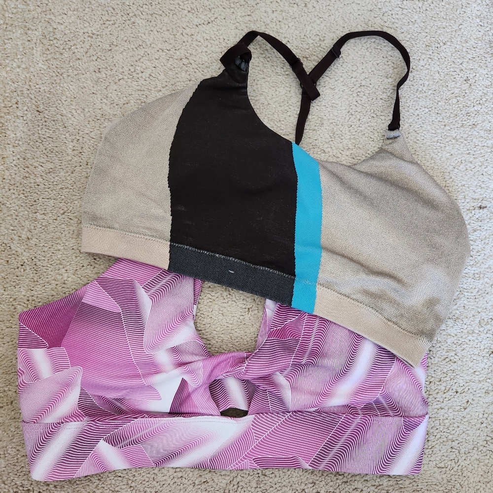 2 Large Fabletics Sports Bras - Gold Colorblock and Pink Keyhole